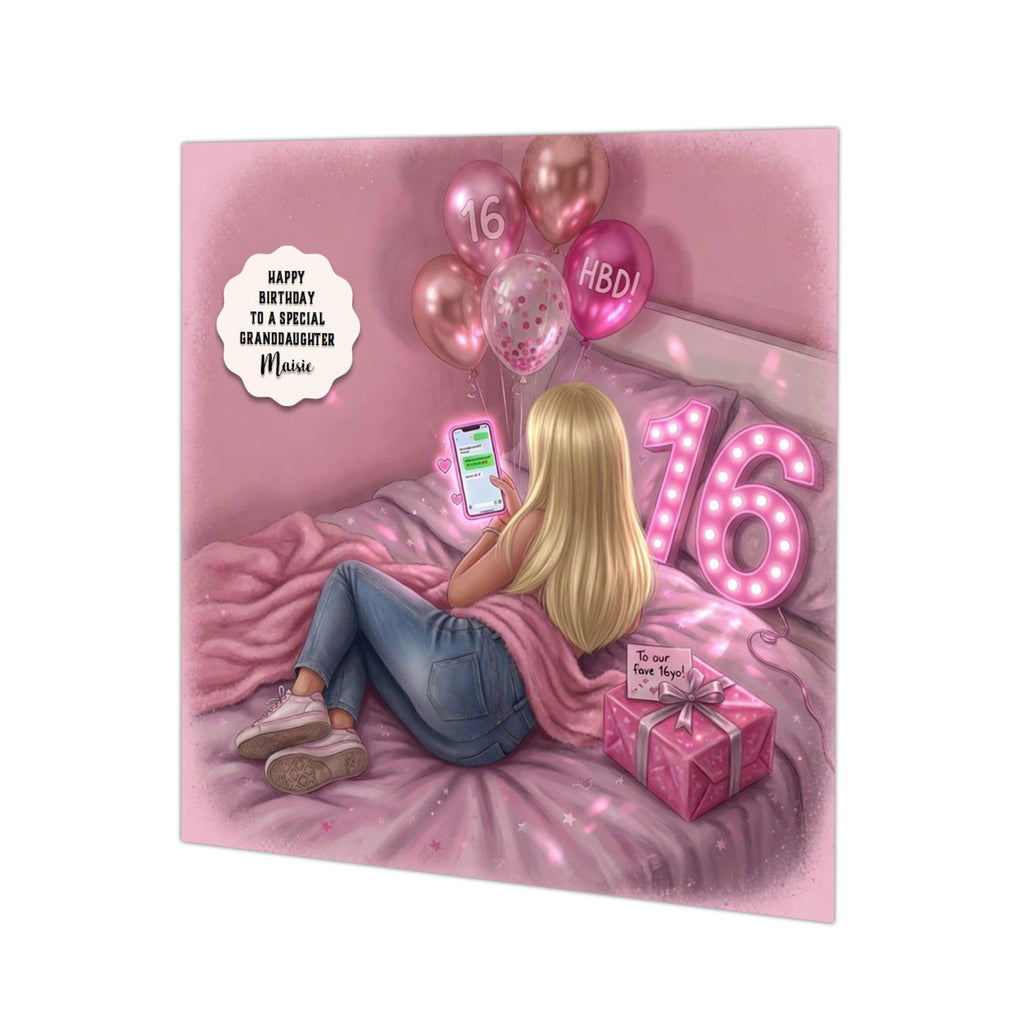 Personalised 16th Birthday Card - Girl Using a Phone on a Bed - Blonde Hair