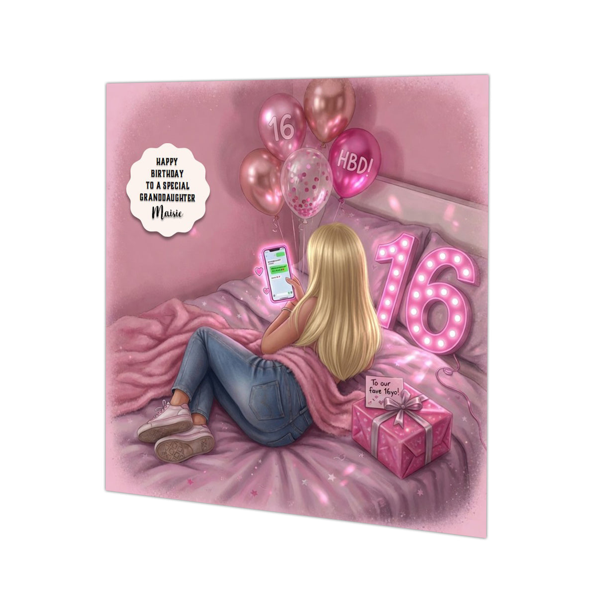 Personalised 16th Birthday Card - Girl Using a Phone on a Bed - Blonde Hair