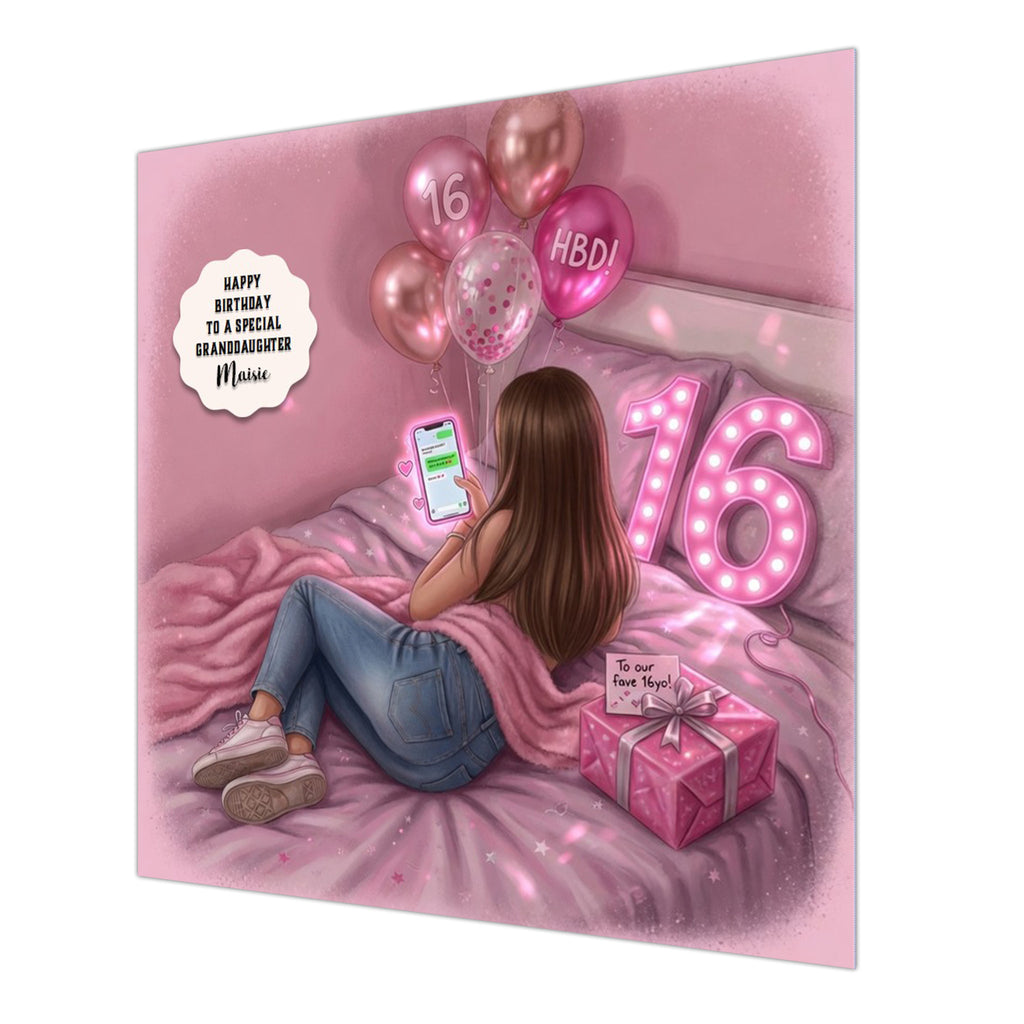 Personalised 16th Birthday Card - Girl Using a Phone on a Bed - Brown Hair