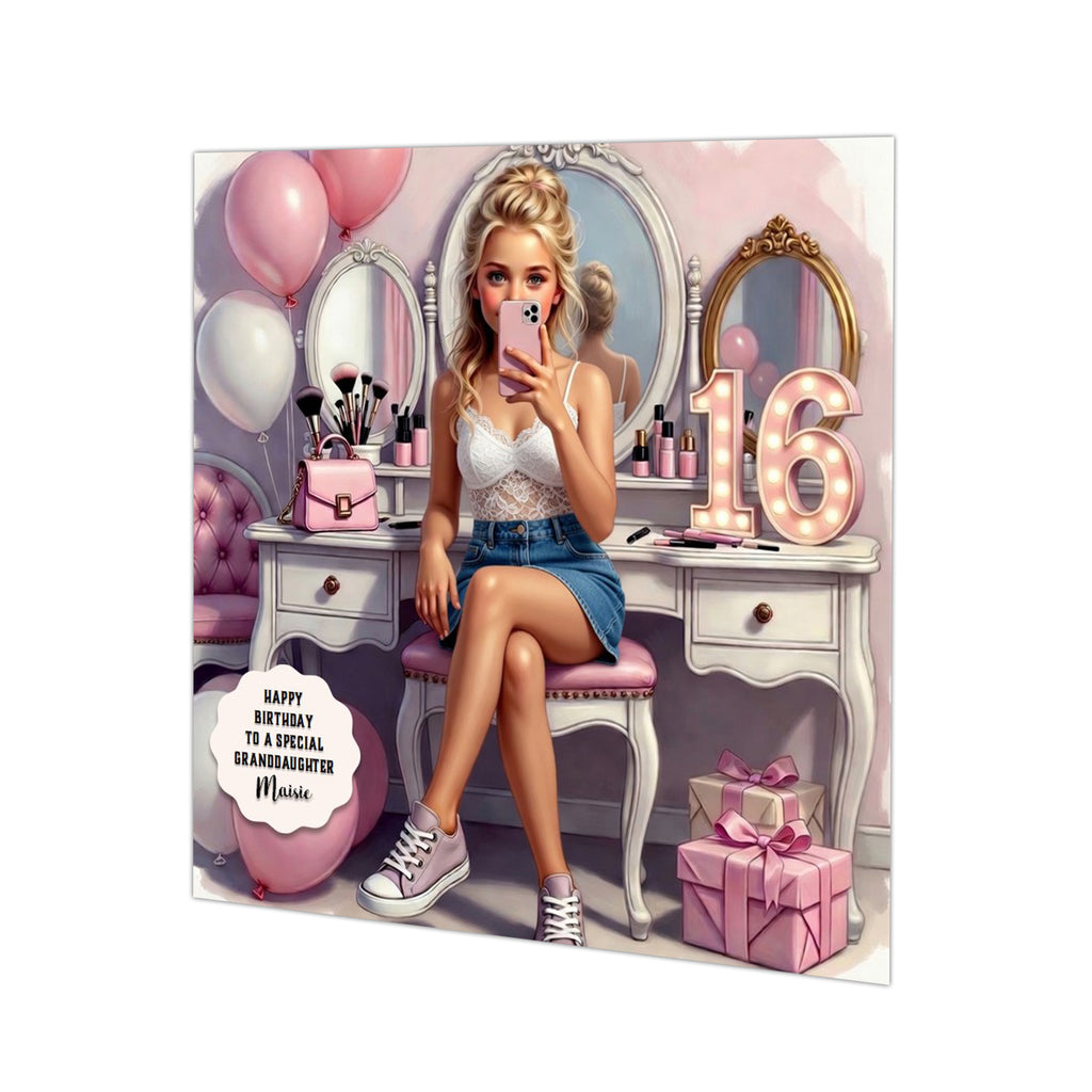 Personalised 16th Birthday Card - Girl Taking a Selfie at a Dressing Table - Blonde Hair