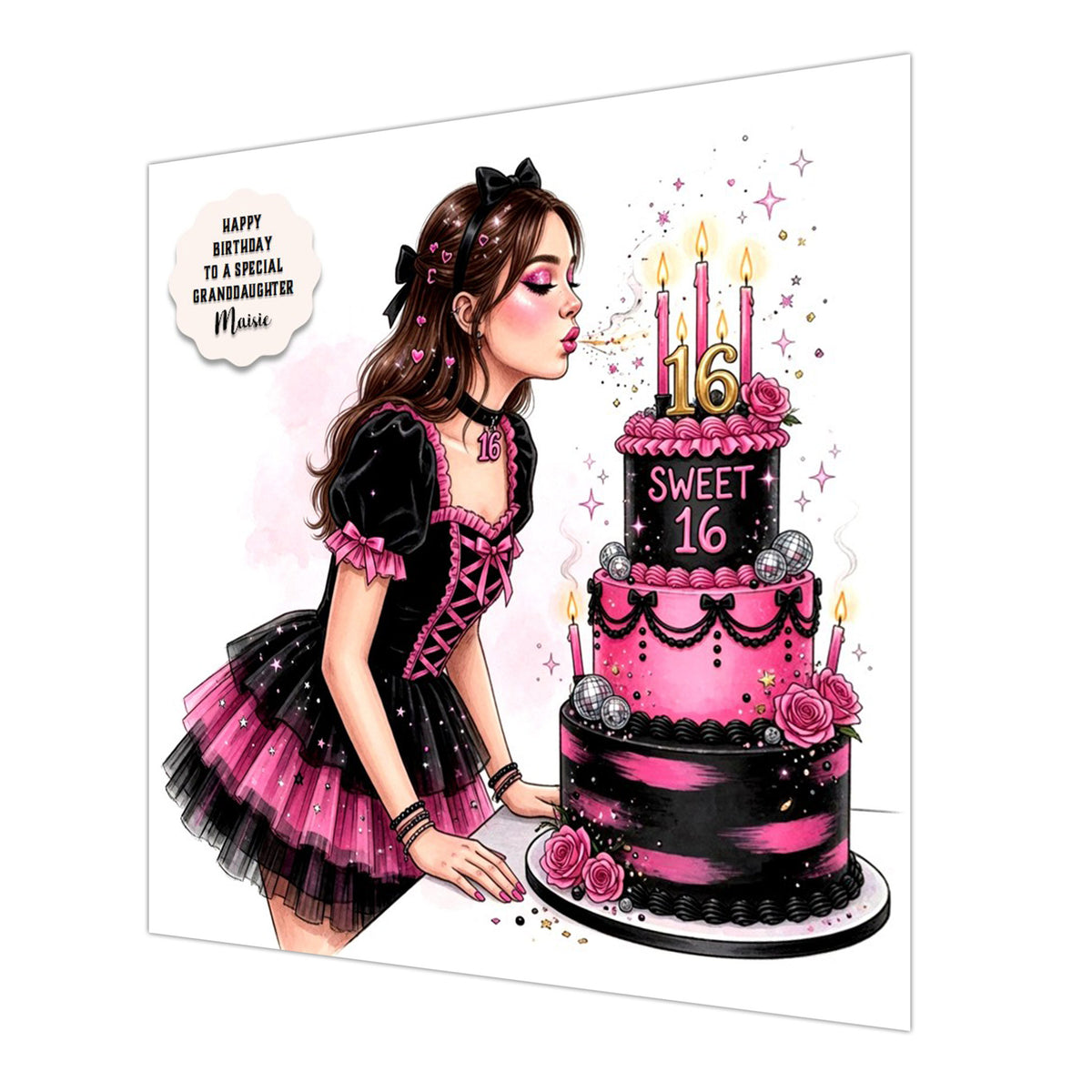 Personalised 16th Birthday Card - Girl with a Pink and Black Birthday Cake - Brown Hair