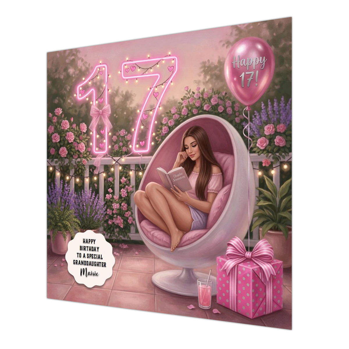 Personalised 17th Birthday Card - Girl Reading in a Pink Chair - Brown Hair