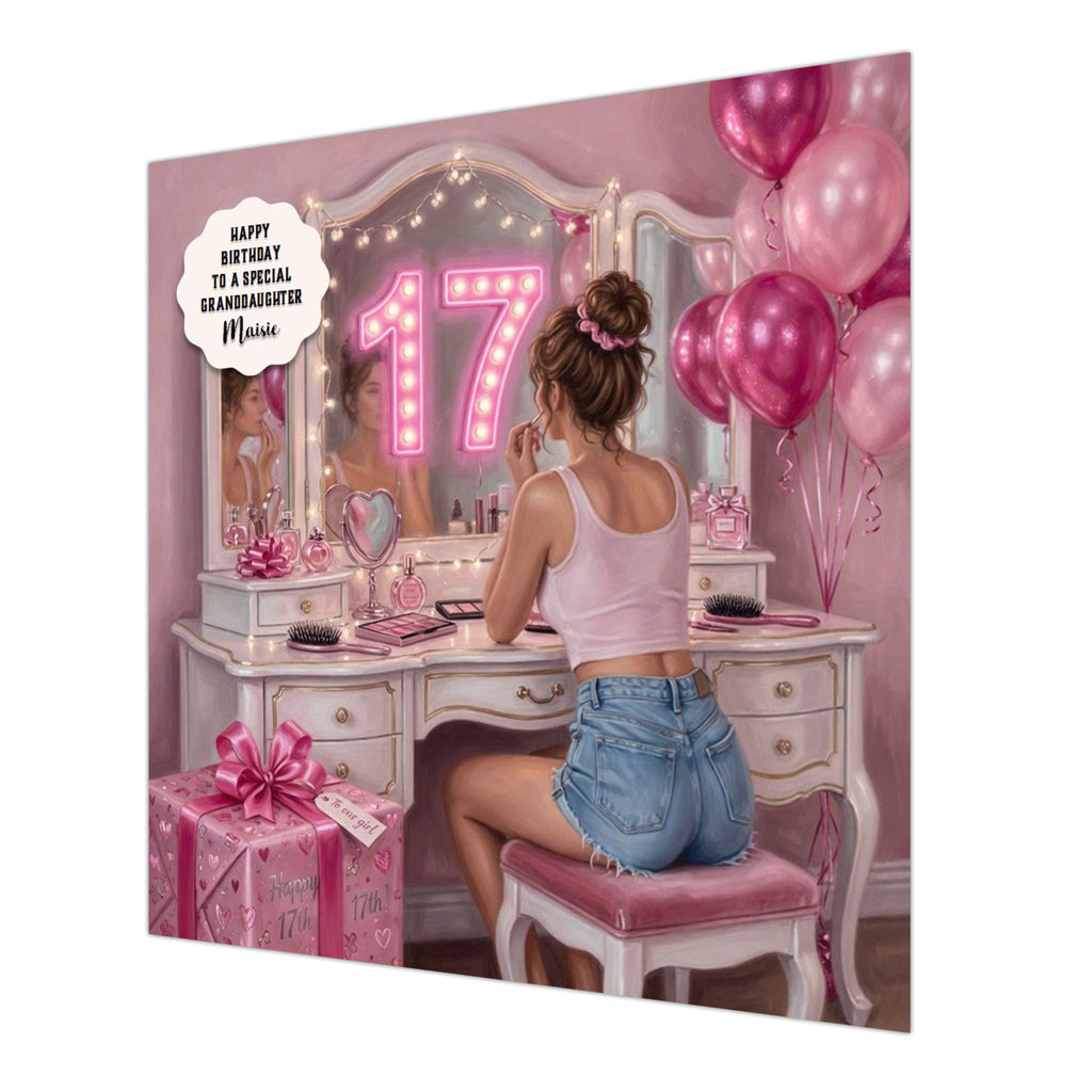 Personalised 17th Birthday Card - Girl at a Dressing Table - Brown Hair