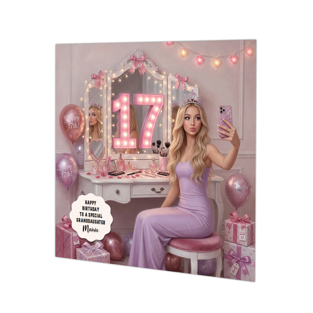 Personalised 17th Birthday Card - Girl at a Dressing Table - Blonde Hair