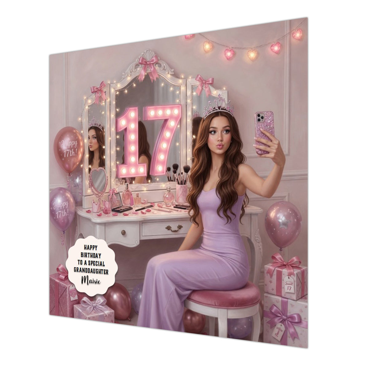 Personalised 17th Birthday Card - Girl at a Dressing Table - Brown Hair