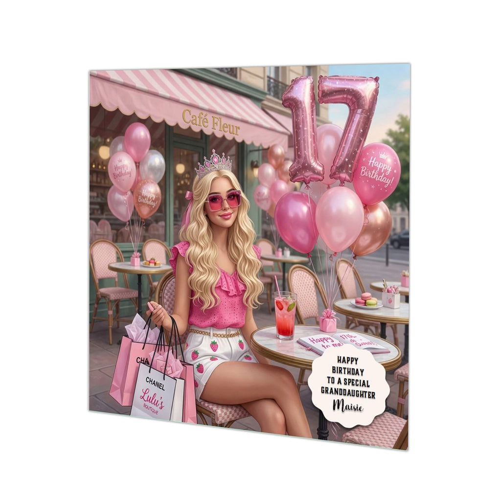 Personalised 17th Birthday Card - Girl at a Cafe - Blonde Hair