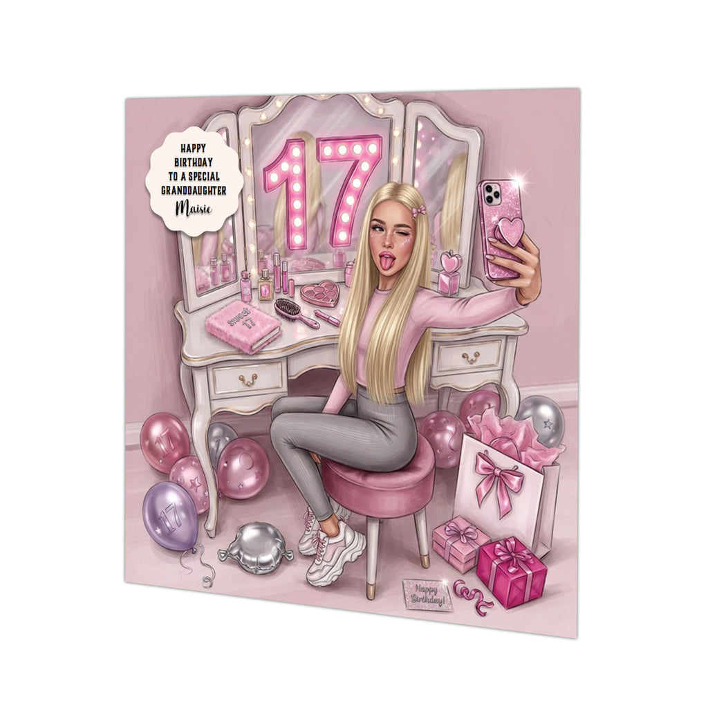 Personalised 17th Birthday Card - Girl Taking a Selfie - Blonde Hair