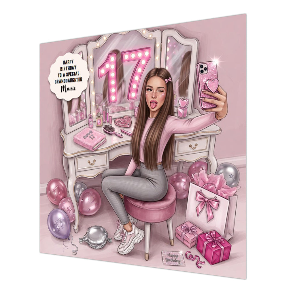 Personalised 17th Birthday Card - Girl Taking a Selfie - Brown Hair