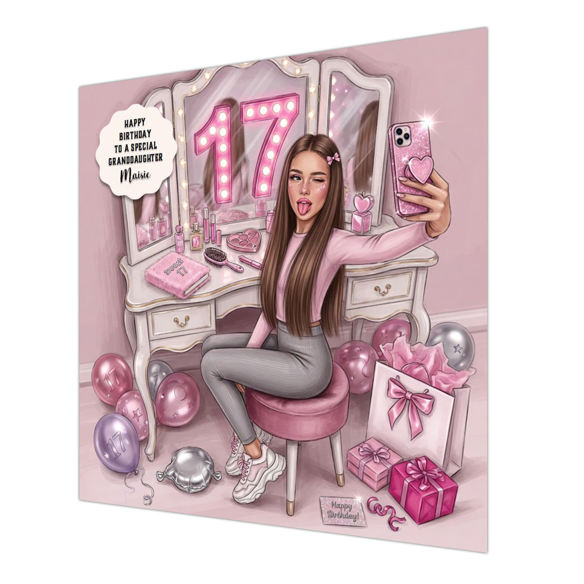 Personalised 17th Birthday Card - Girl Taking a Selfie - Brown Hair