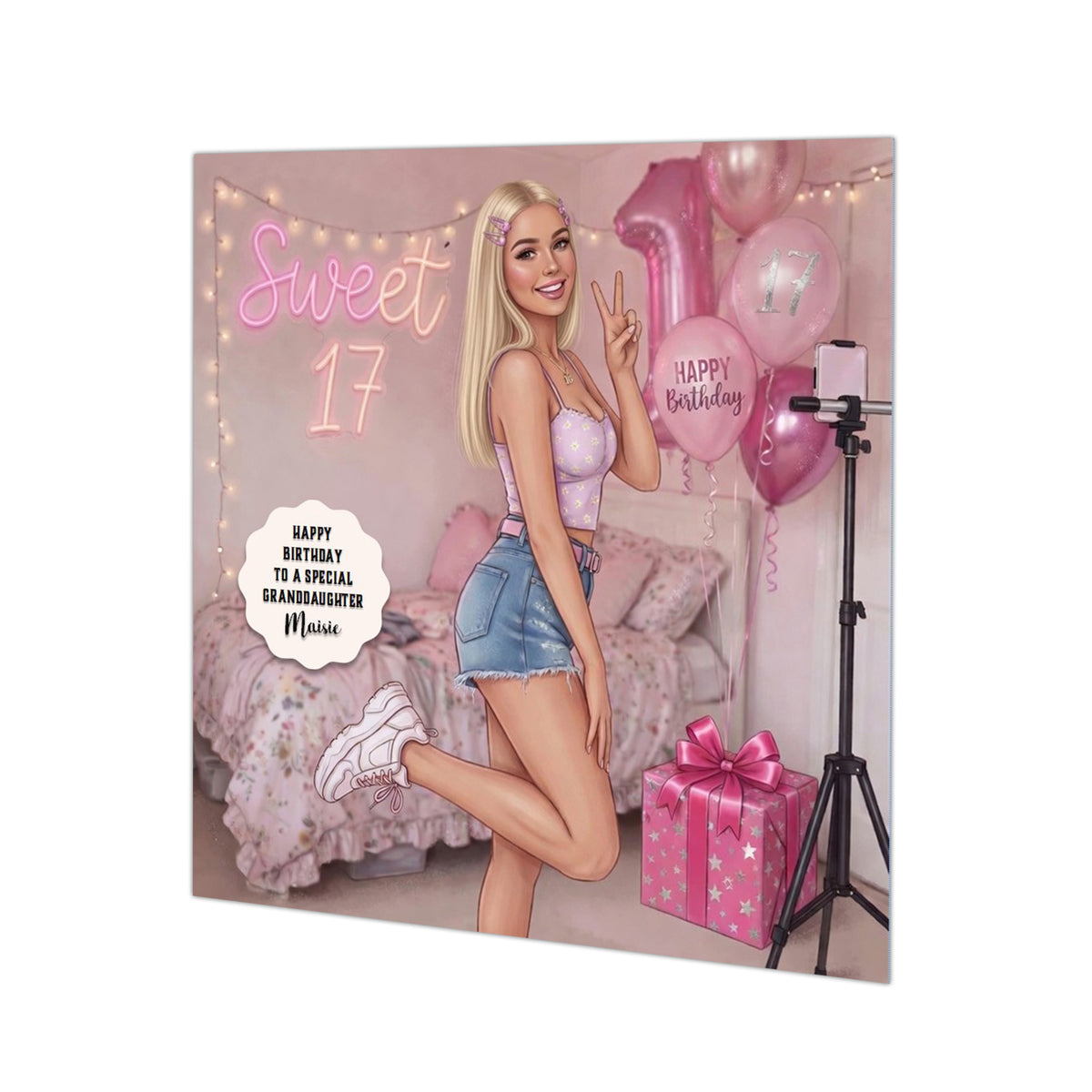 Personalised 17th Birthday Card - Girl Making a Birthday Video - Blonde Hair