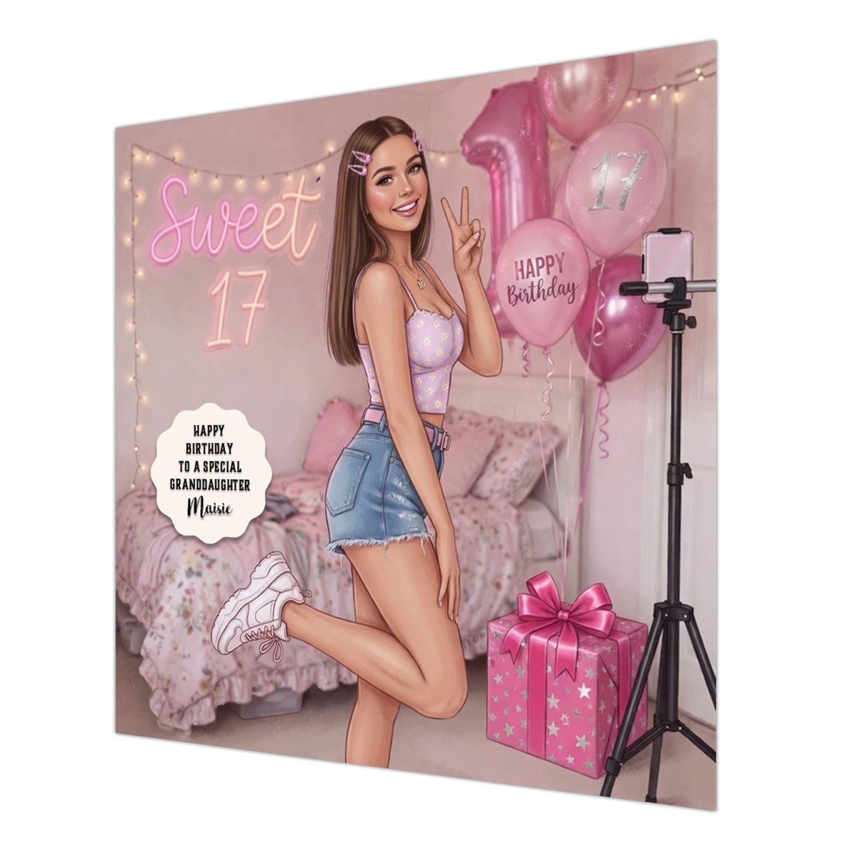 Personalised 17th Birthday Card - Girl Making a Birthday Video - Brown Hair