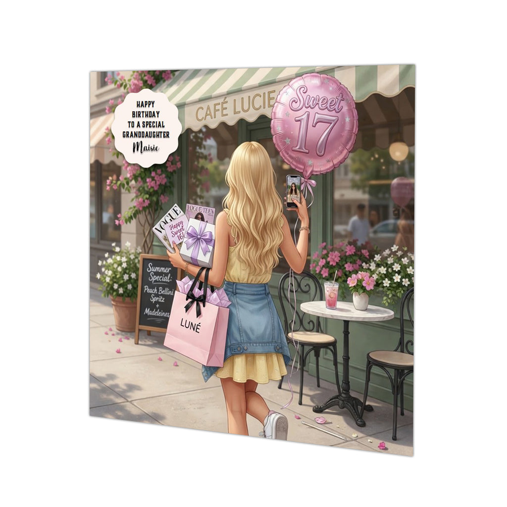 Personalised 17th Birthday Card - Girl Shopping Outside a Cafe - Blonde Hair