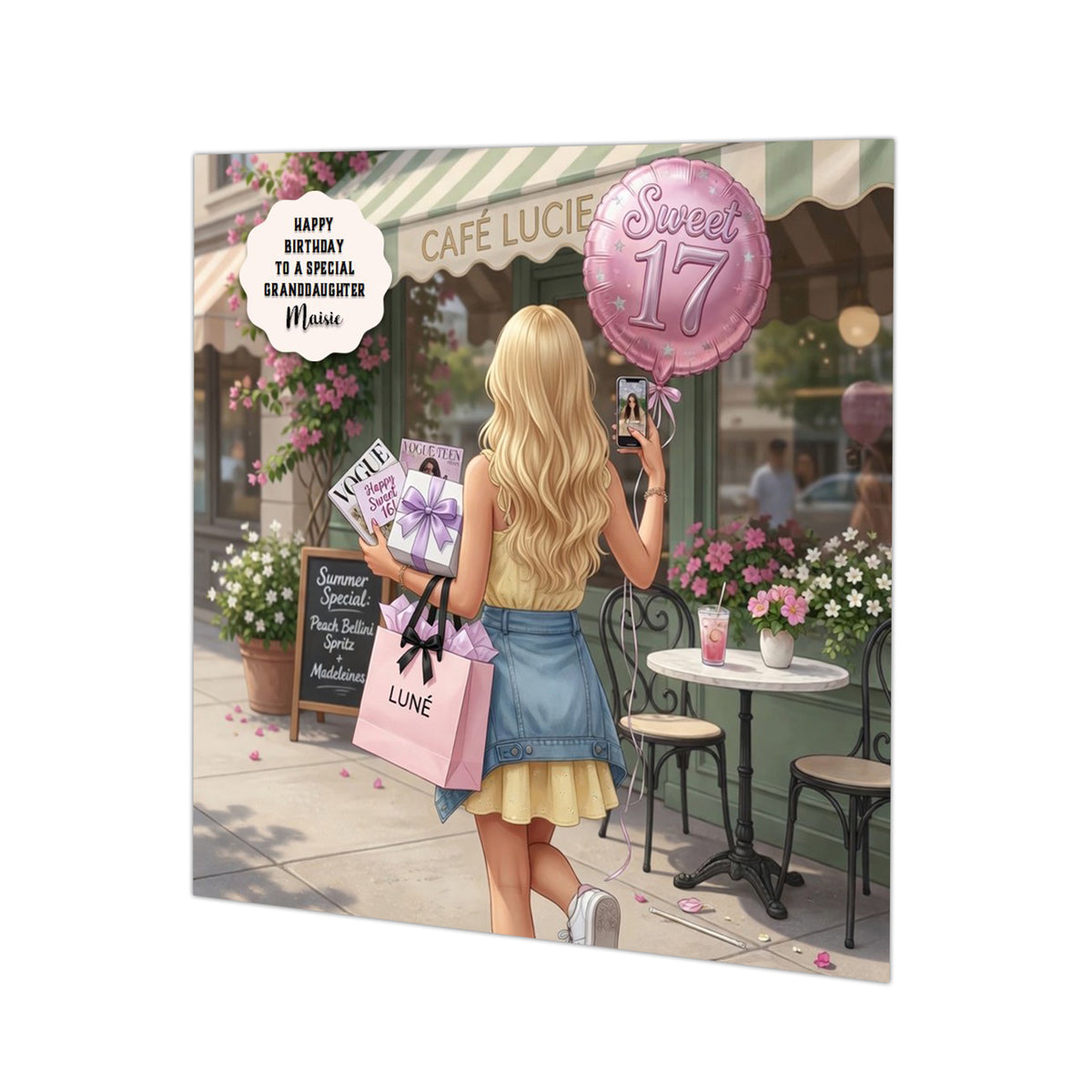 Personalised 17th Birthday Card - Girl Shopping Outside a Cafe - Blonde Hair