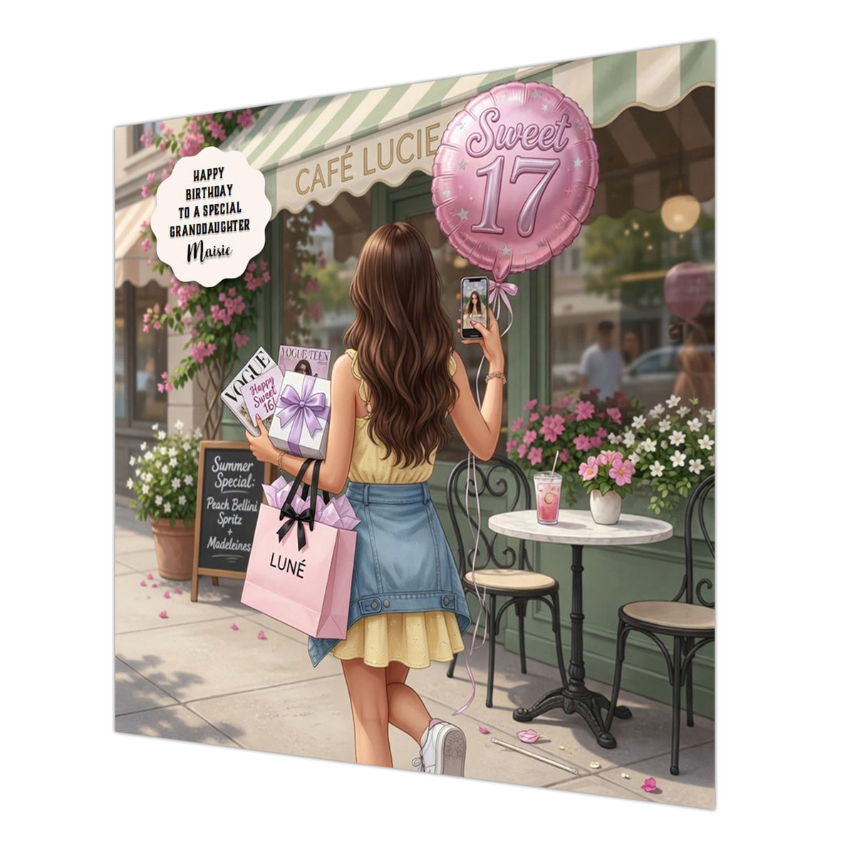 Personalised 17th Birthday Card - Girl Shopping Outside a Cafe - Brown Hair
