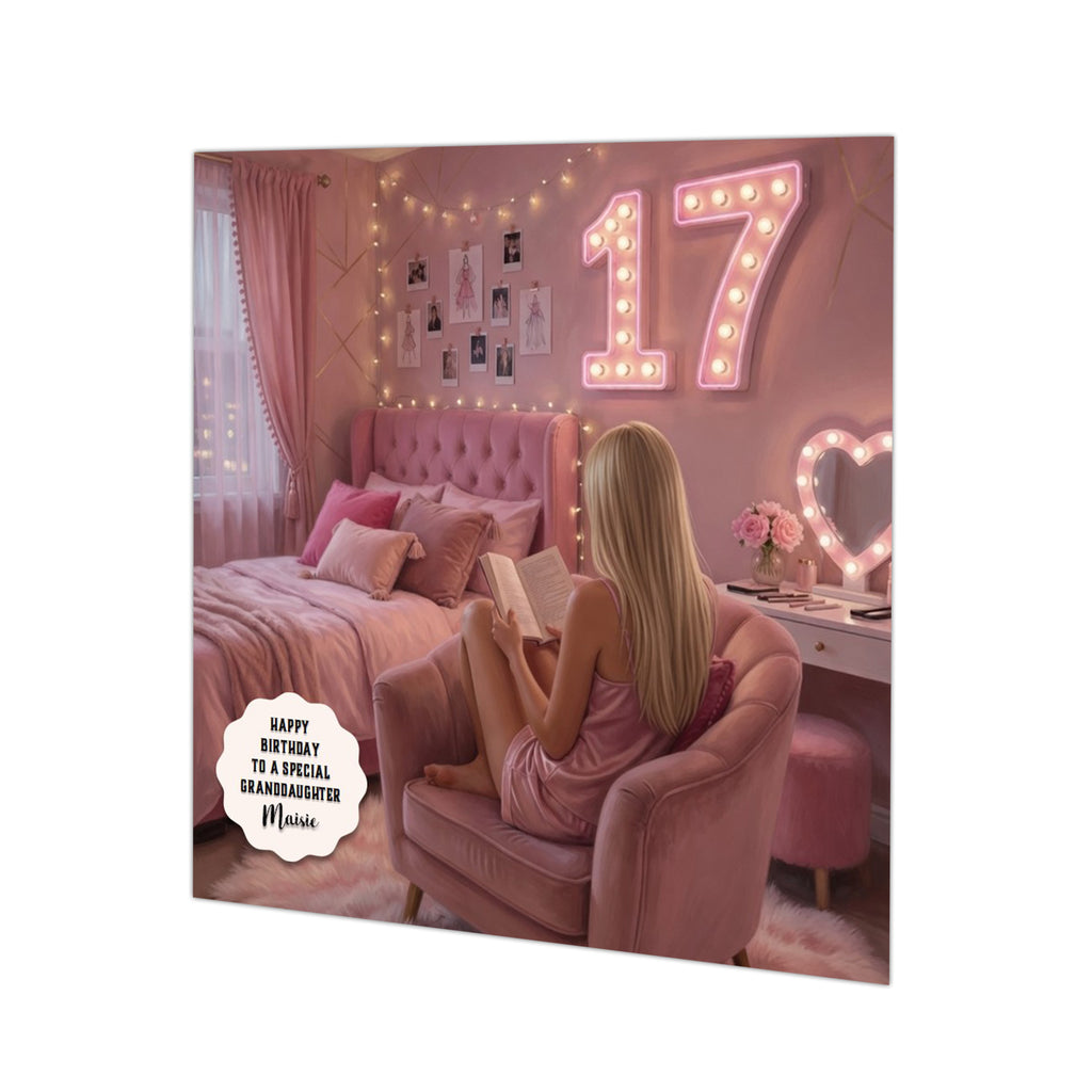 Personalised 17th Birthday Card - Girl Reading in a Pink Chair - Blonde Hair