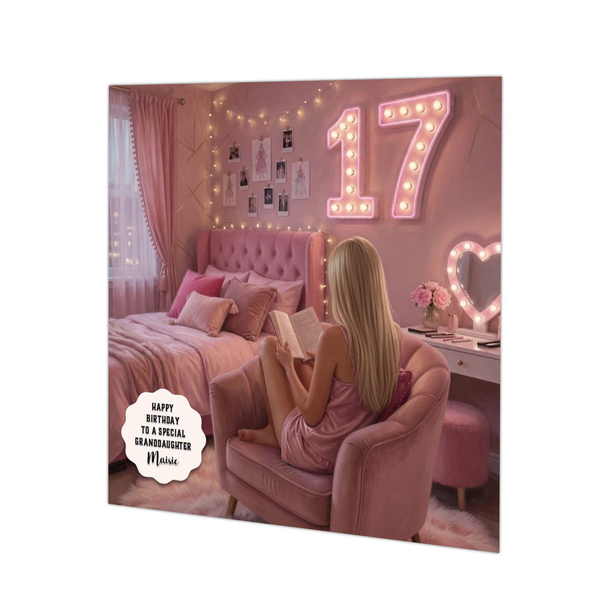 Personalised 17th Birthday Card - Girl Reading in a Pink Chair - Blonde Hair