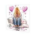 Personalised 17th Birthday Card - Girl Using a Phone with Heart Balloons - Blonde Hair