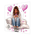Personalised 17th Birthday Card - Girl Using a Phone with Heart Balloons - Brown Hair