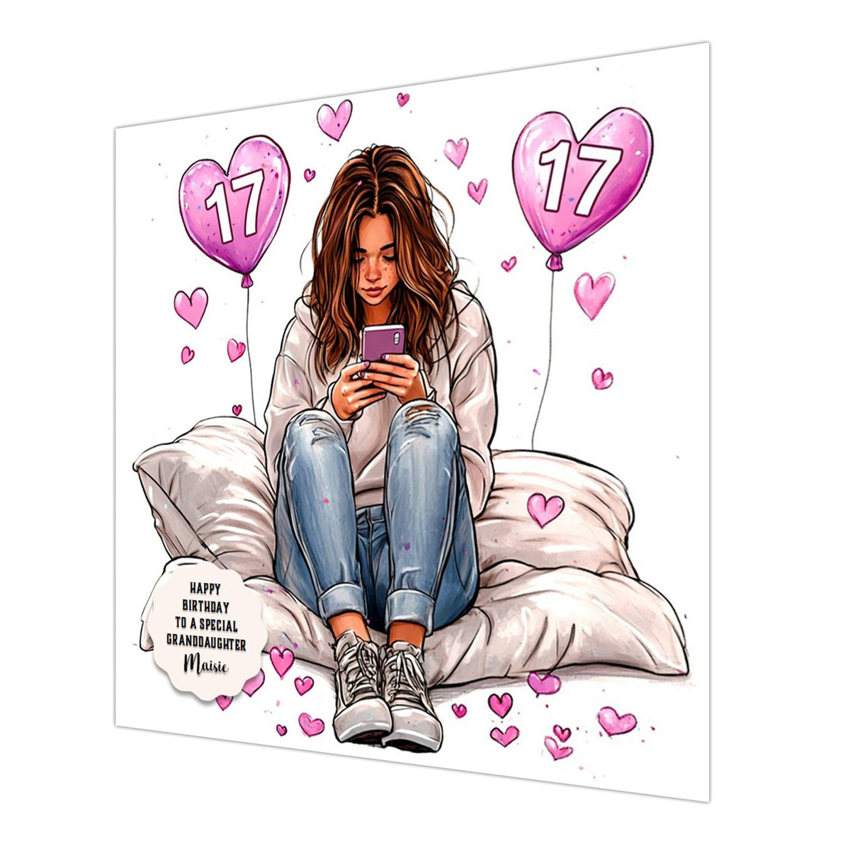 Personalised 17th Birthday Card - Girl Using a Phone with Heart Balloons - Brown Hair
