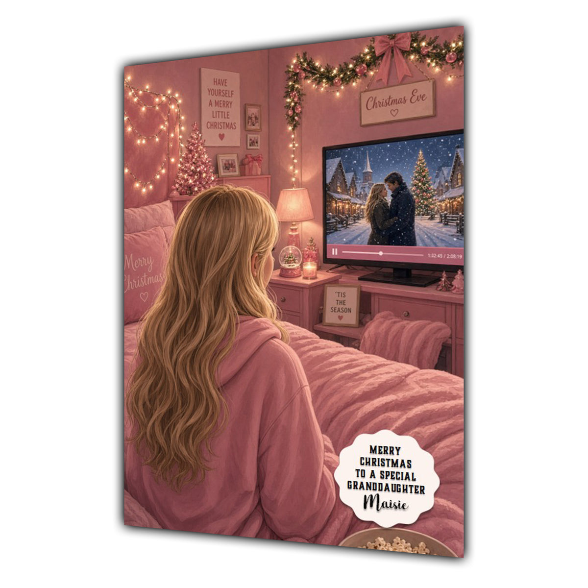 Personalised Christmas Card - Girl Watching a Christmas Film