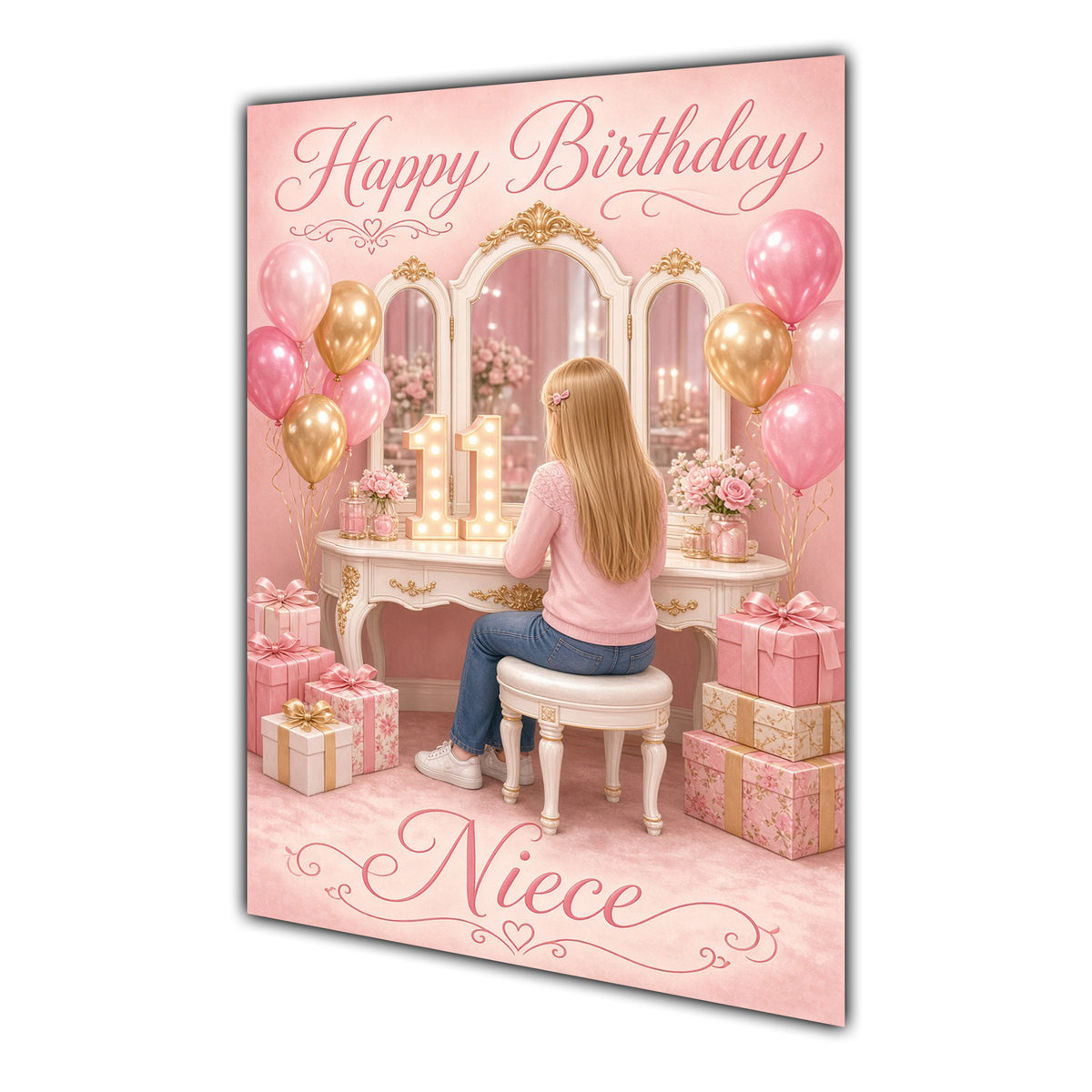 Happy Birthday Niece 11th Pink Vanity Greeting Card A5