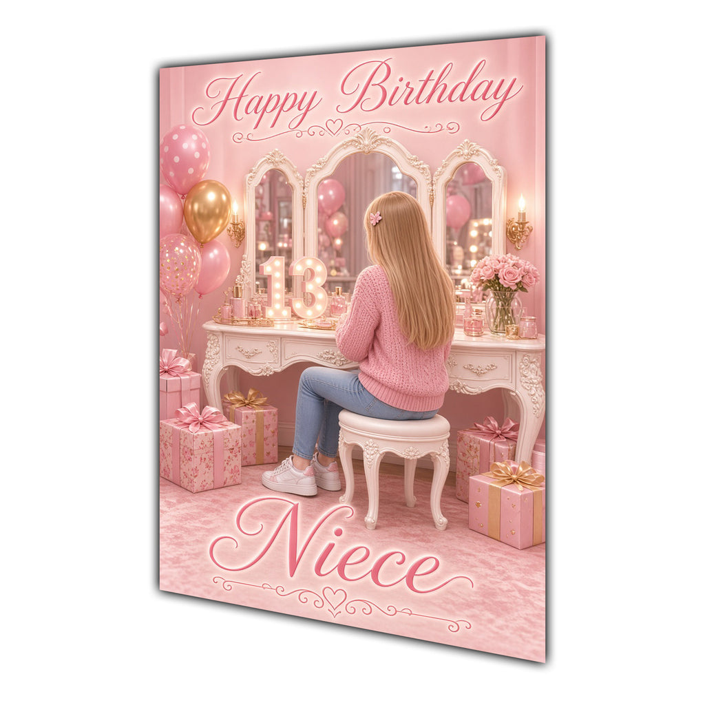 Happy Birthday Niece 13th Pink Vanity Greeting Card A5