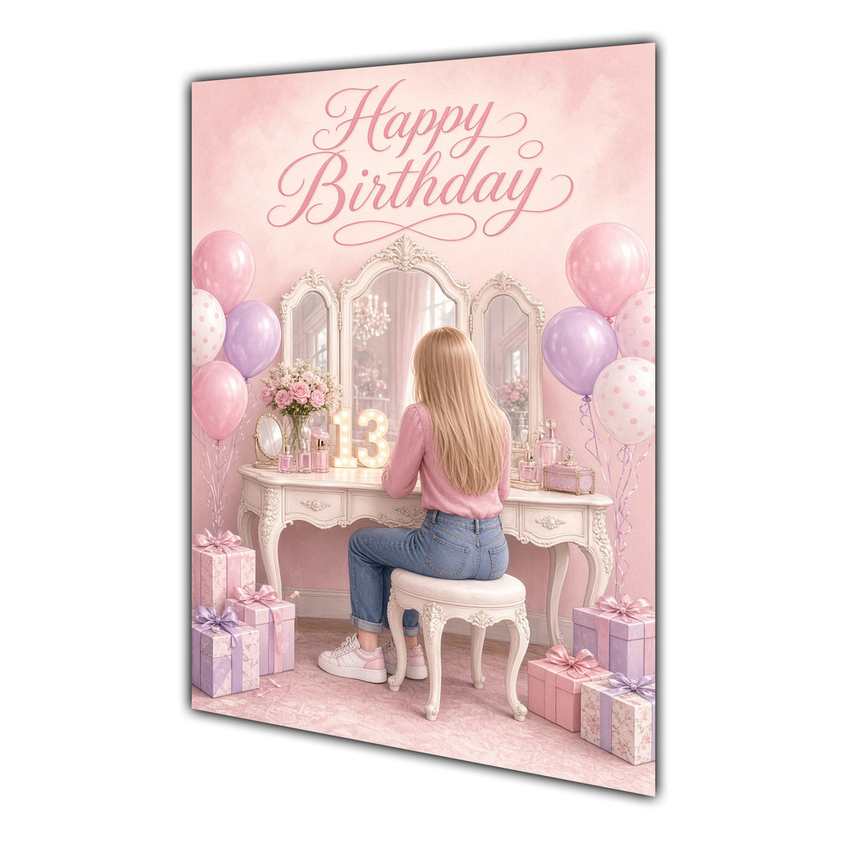 Happy Birthday 13th Pink Vanity Greeting Card A5