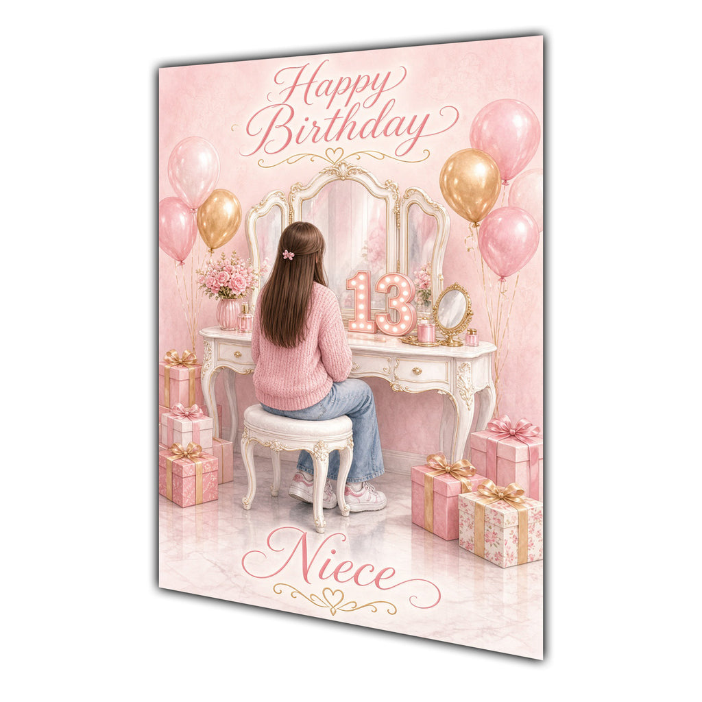 Happy Birthday Niece 13th Pink Vanity Greeting Card A5