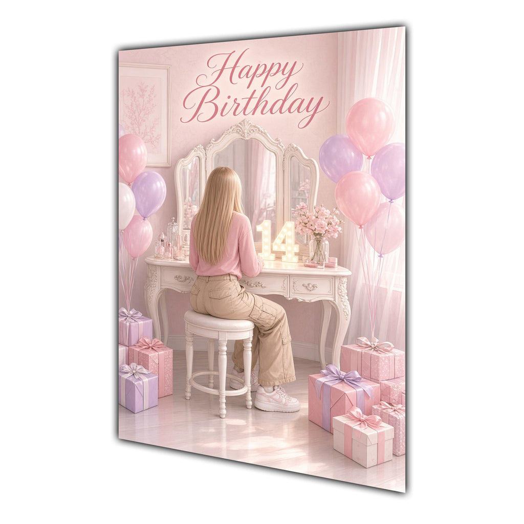 Happy Birthday 14th Pink Vanity Greeting Card A5