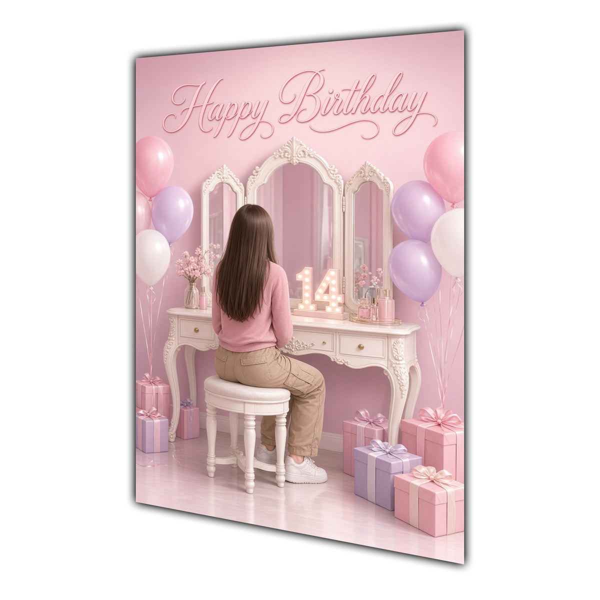Happy Birthday 14th Pink Vanity Greeting Card A5