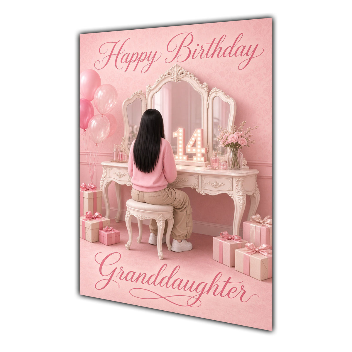 Happy Birthday Granddaughter 14th Pink Vanity Greeting Card A5