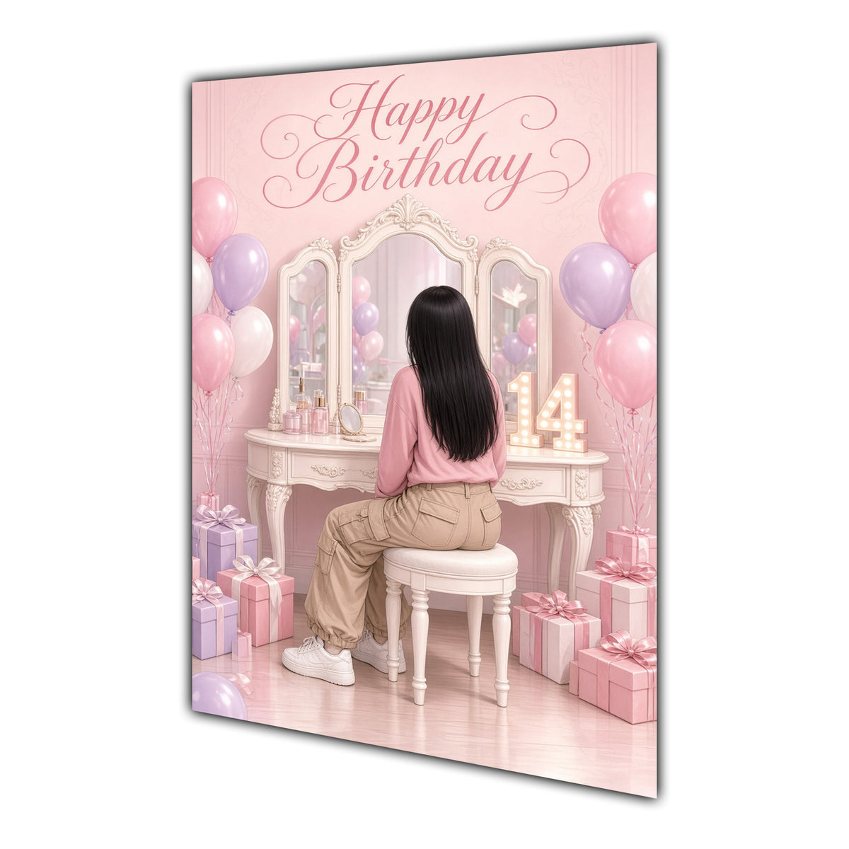 Happy Birthday 14th Pink Vanity Greeting Card A5