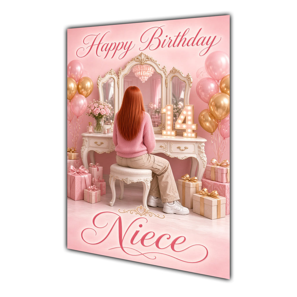Happy Birthday Niece 14th Pink Vanity Greeting Card A5