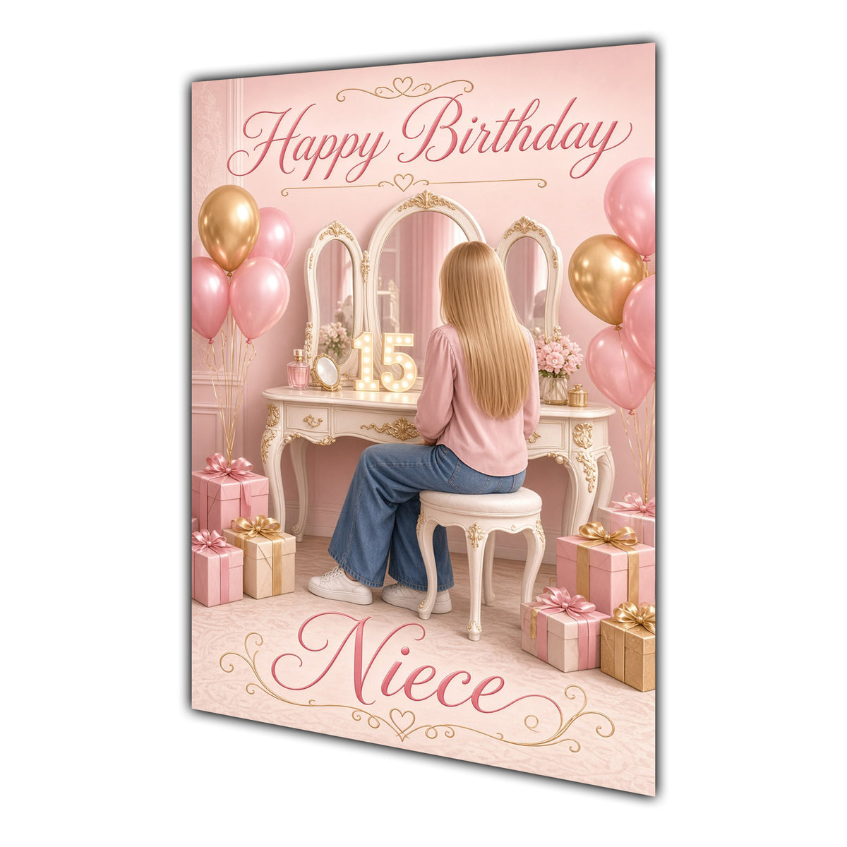 Happy Birthday Niece 15th Pink Vanity Greeting Card A5