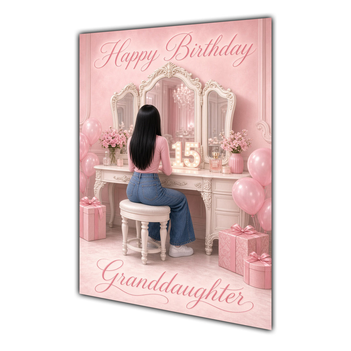 Happy Birthday Granddaughter 15th Pink Vanity Greeting Card A5