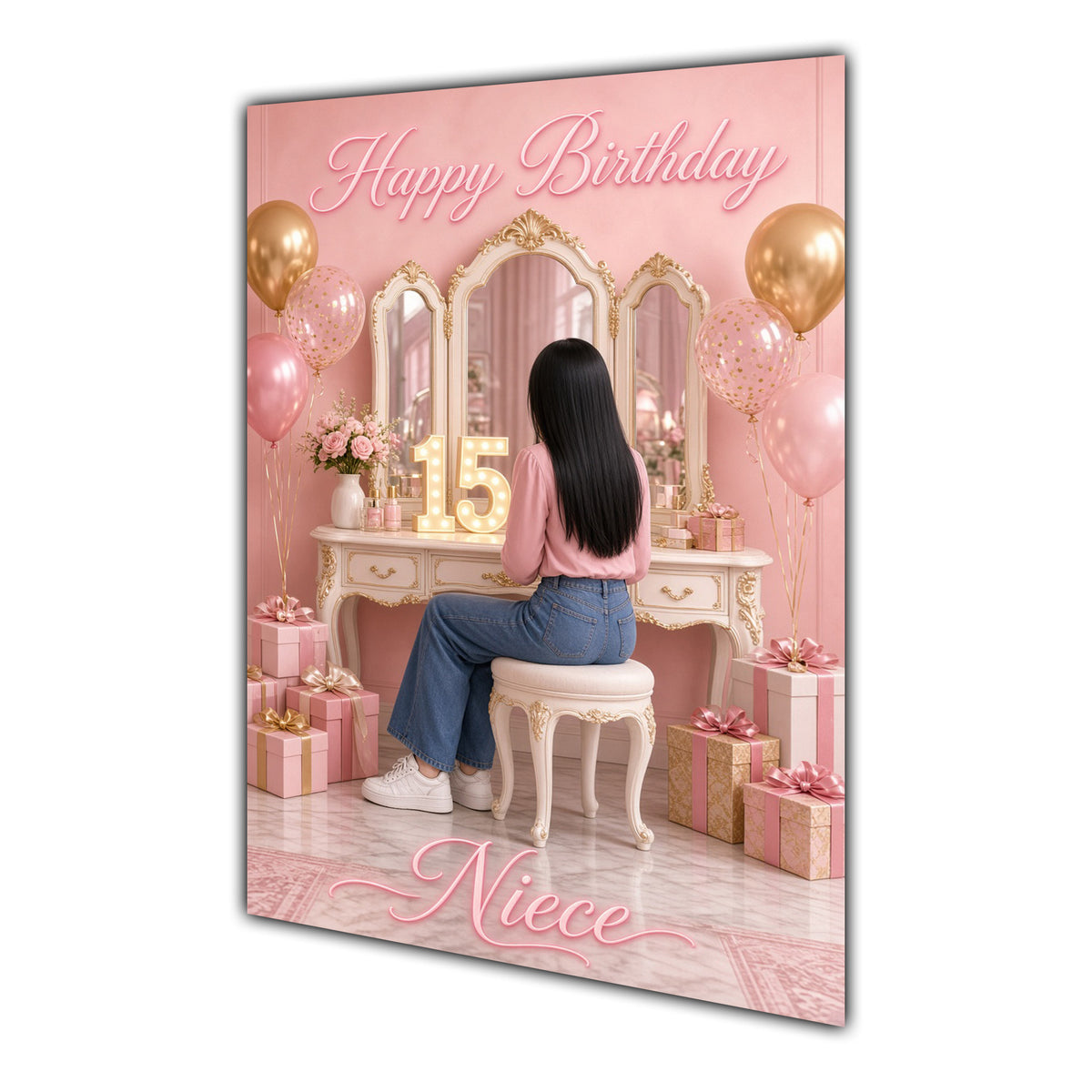Happy Birthday Niece 15th Pink Vanity Greeting Card A5