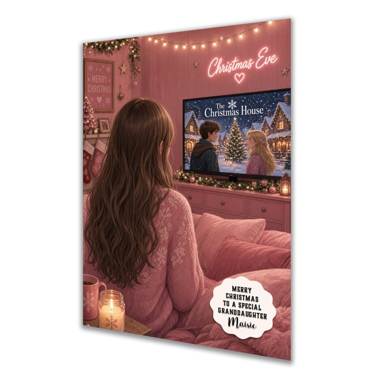 Personalised Christmas Card - Girl Watching a Christmas Film