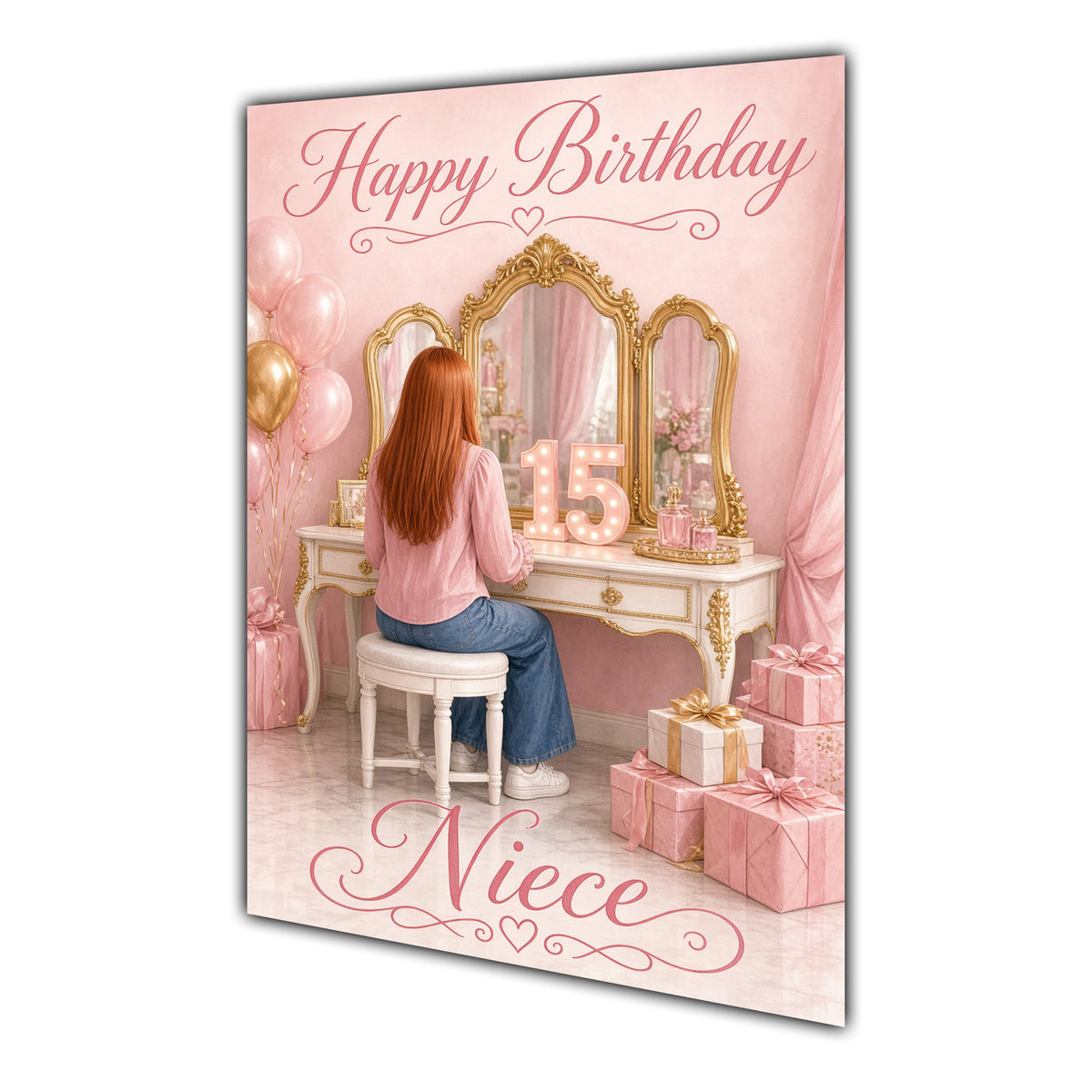 Happy Birthday Niece 15th Pink Vanity Greeting Card A5