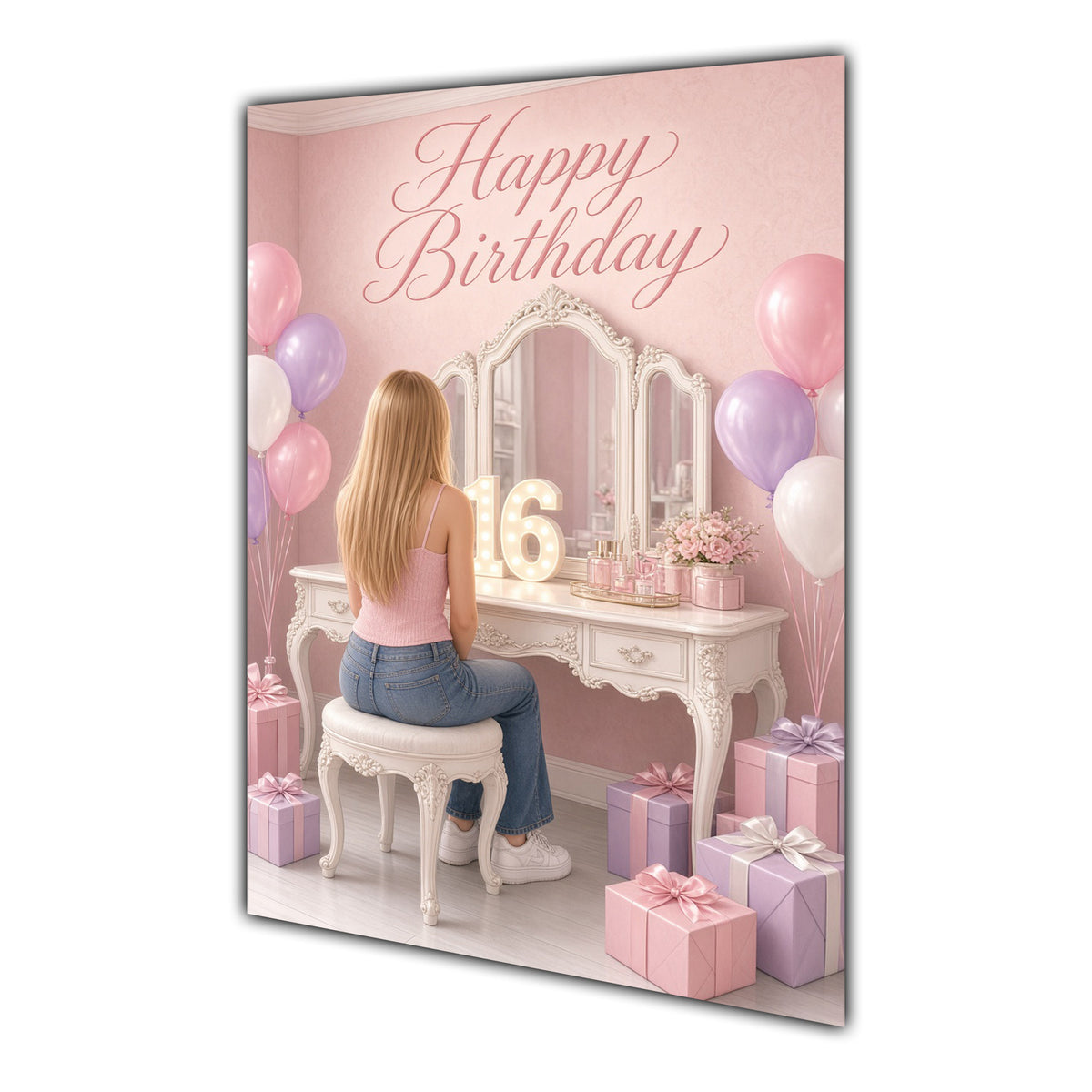 Happy Birthday 16th Pink Vanity Greeting Card A5