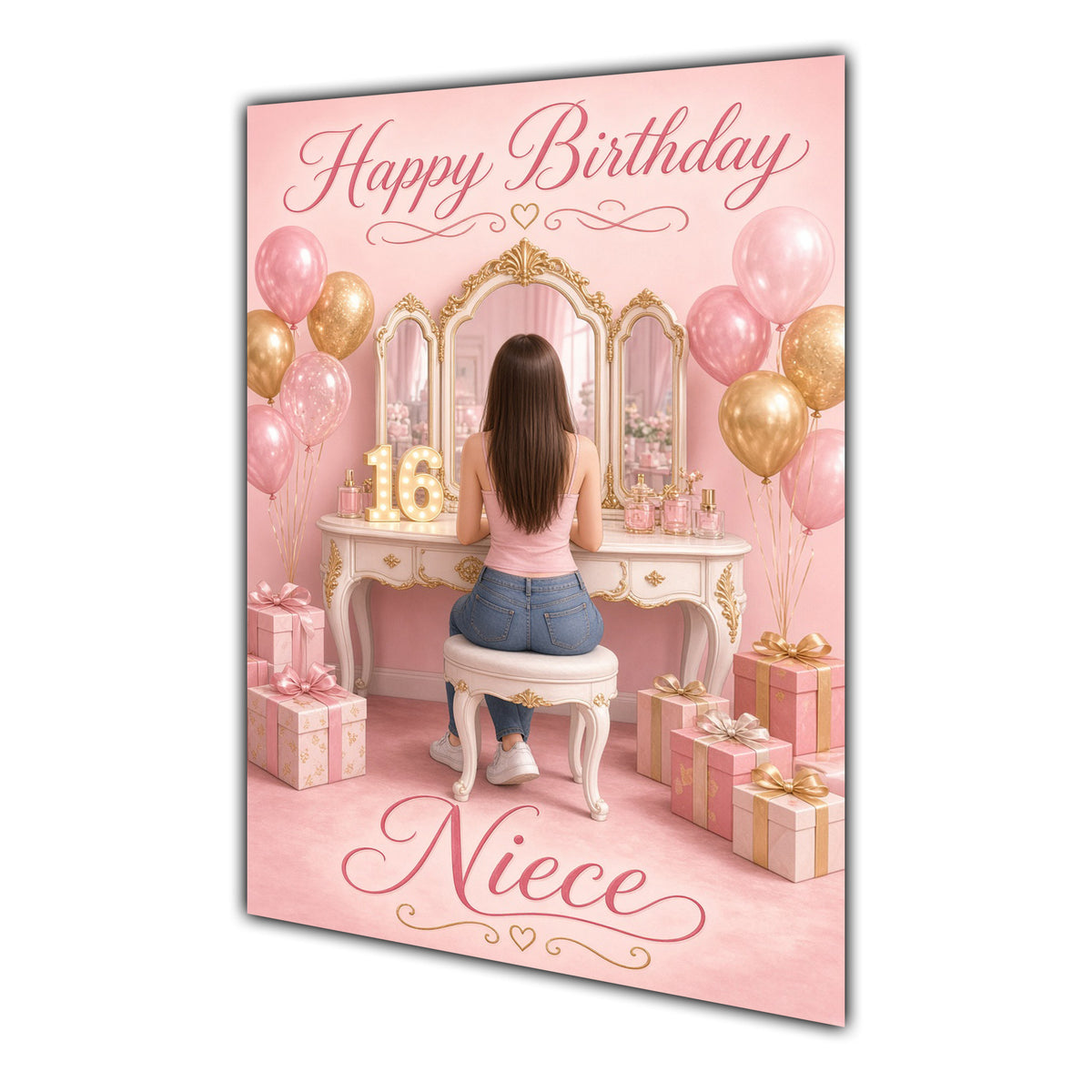 Happy Birthday Niece 16th Pink Vanity Greeting Card A5