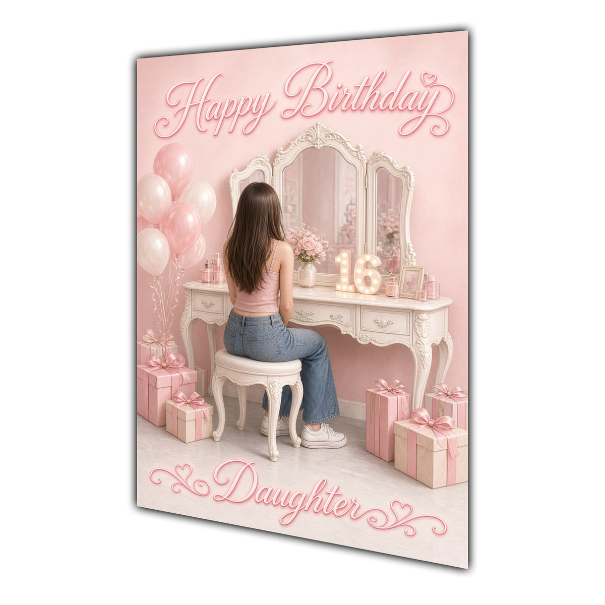 Happy Birthday Daughter 16th Pink Vanity Greeting Card A5