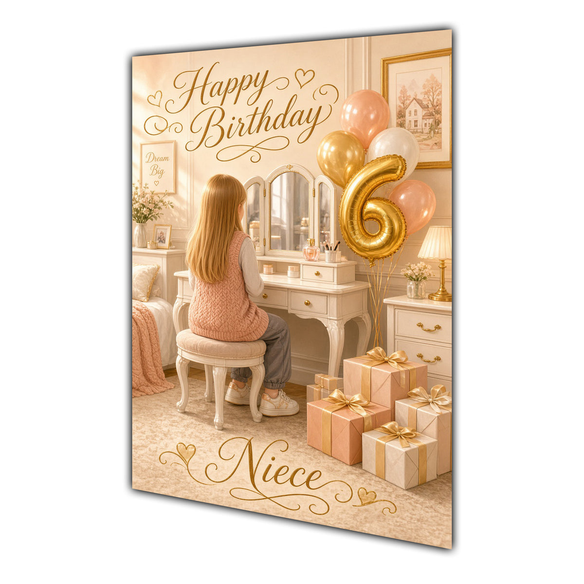 Happy Birthday Niece 6th Peach Gold Vanity Greeting Card A5
