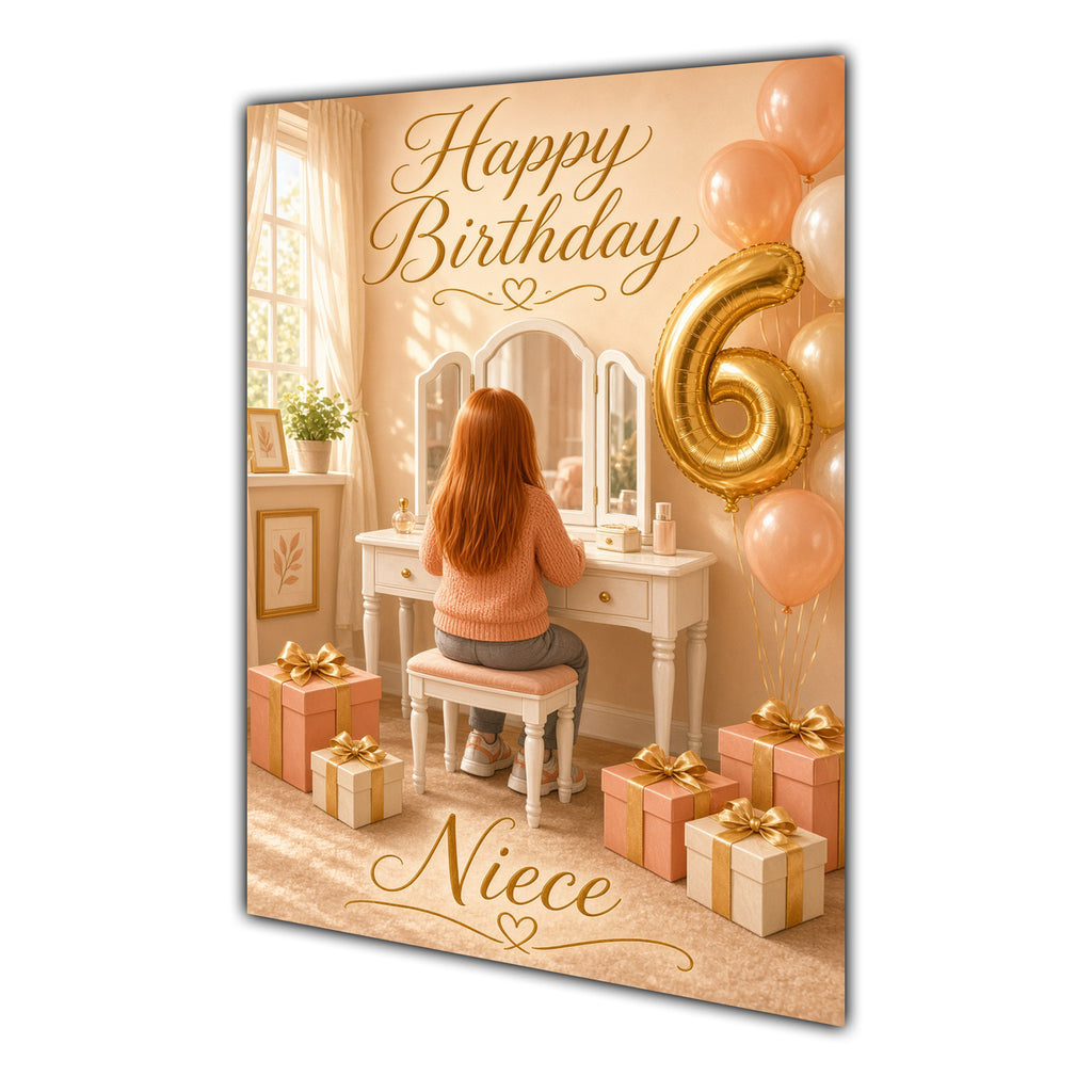 Happy Birthday Niece 6th Peach Gold Vanity Greeting Card A5