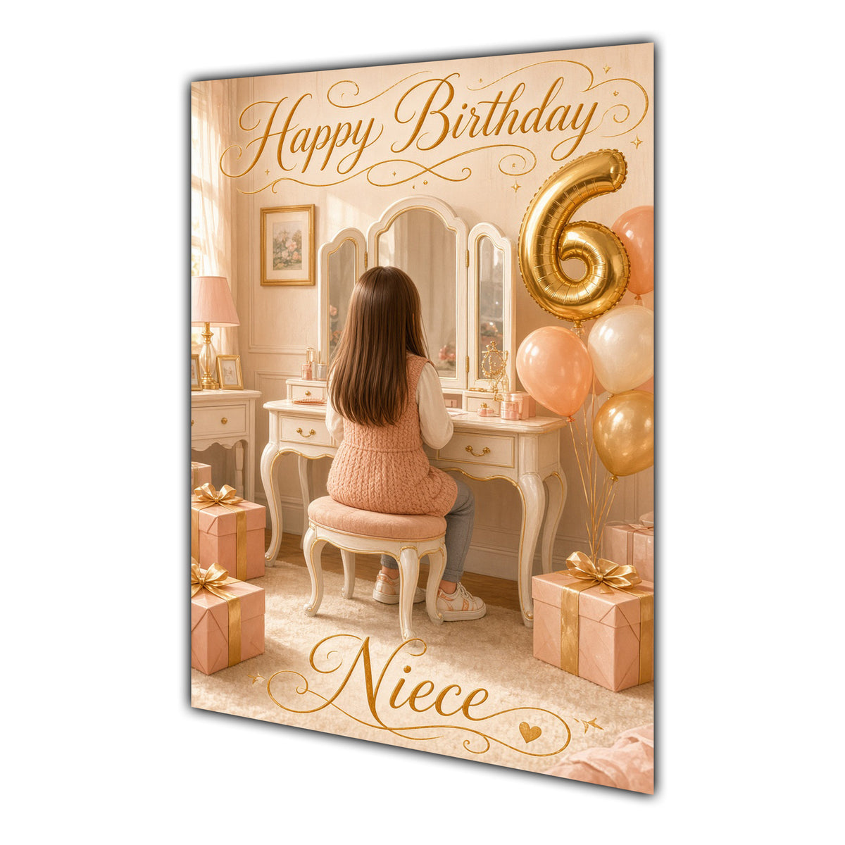 Happy Birthday Niece 6th Peach Gold Vanity Greeting Card A5
