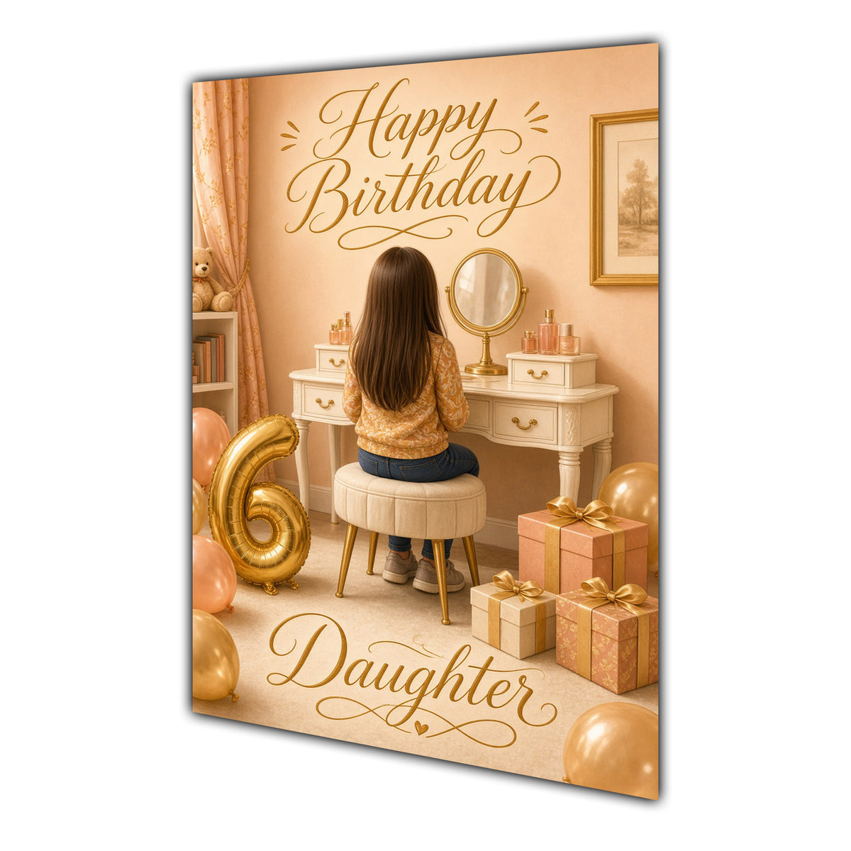 Happy Birthday Daughter 6th Peach Gold Vanity Greeting Card A5