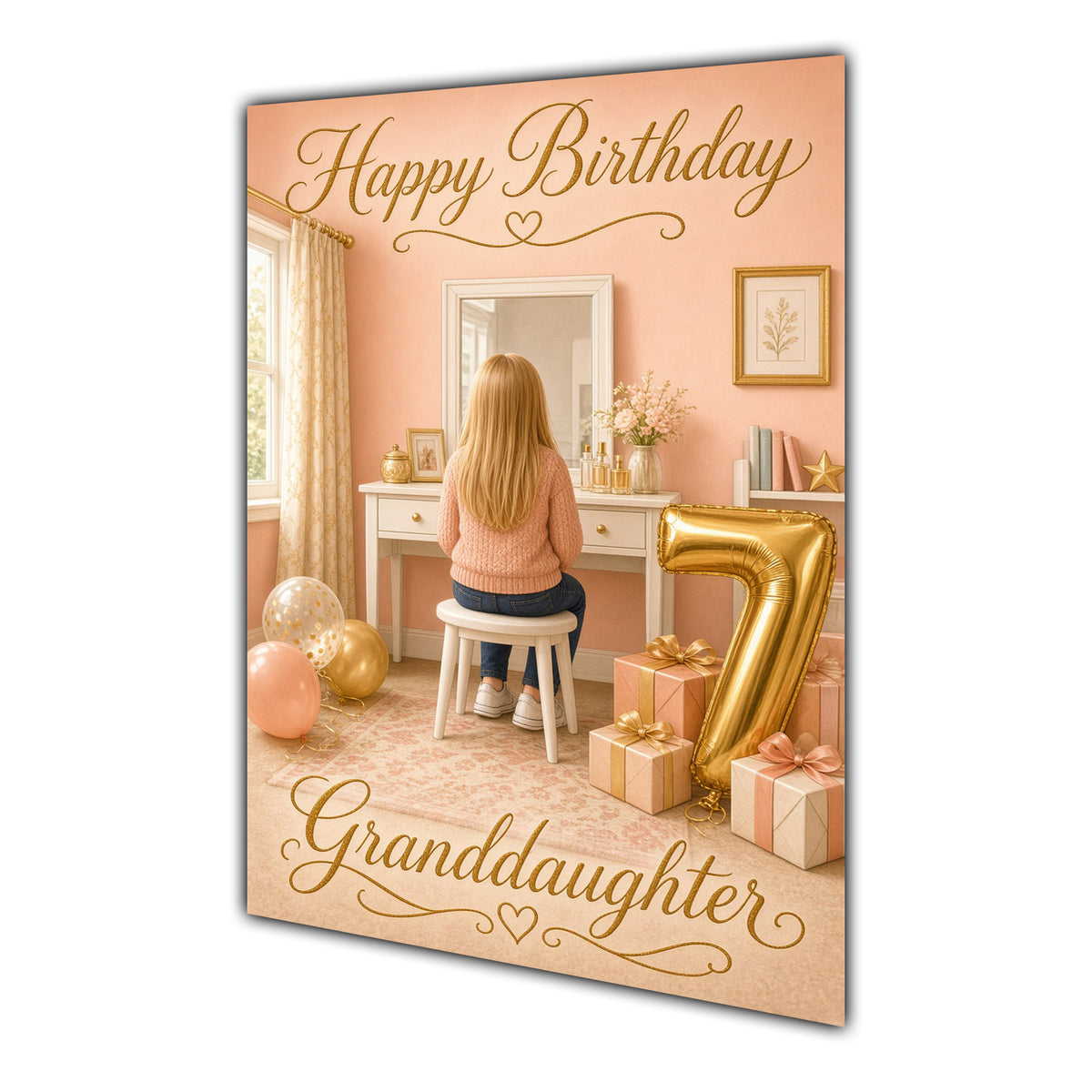 Happy Birthday Granddaughter 7th Peach Gold Vanity Greeting Card A5