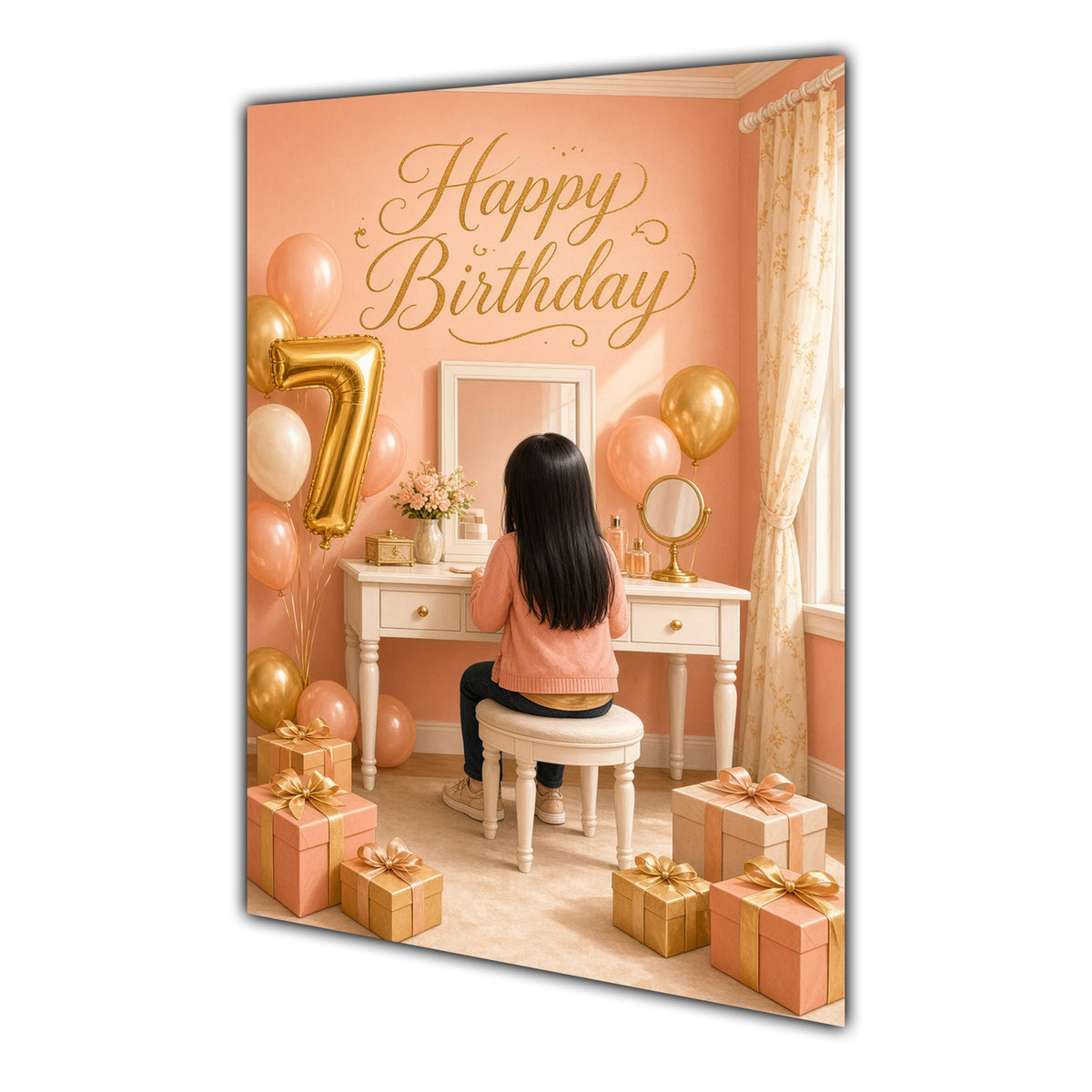 Happy Birthday 7th Peach Gold Vanity Greeting Card A5