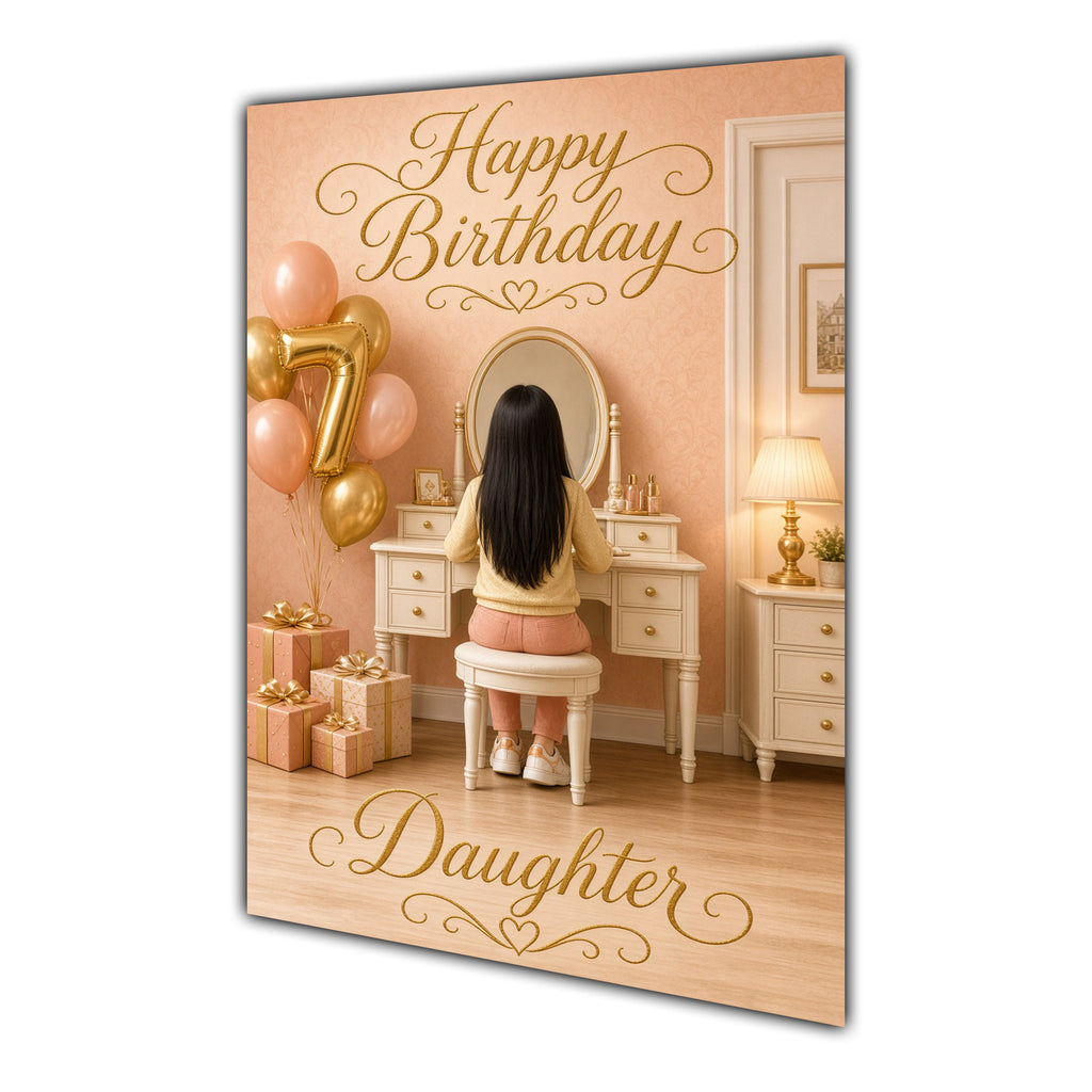 Happy Birthday Daughter 7th Peach Gold Vanity Greeting Card A5