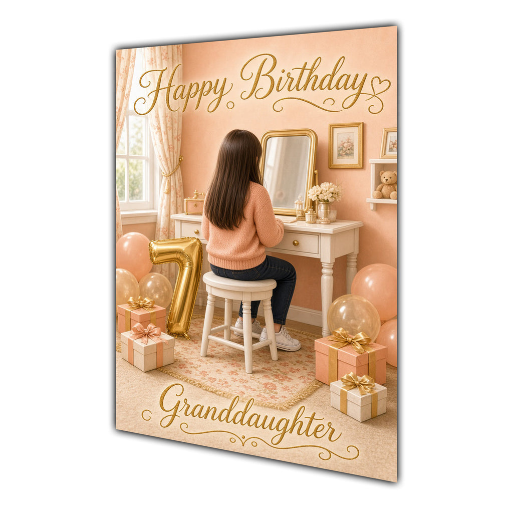 Happy Birthday Granddaughter 7th Peach Gold Vanity Greeting Card A5