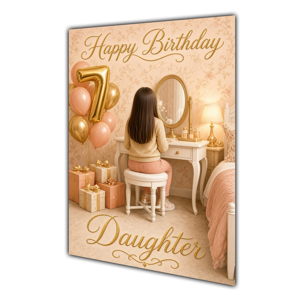 Happy Birthday Daughter 7th Peach Gold Vanity Greeting Card A5